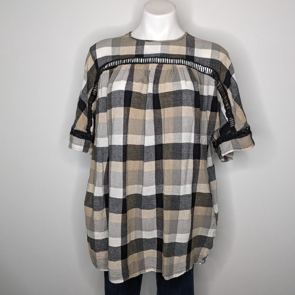 Anthro Maeve black tan plaid striped kimono mini dress long top XS